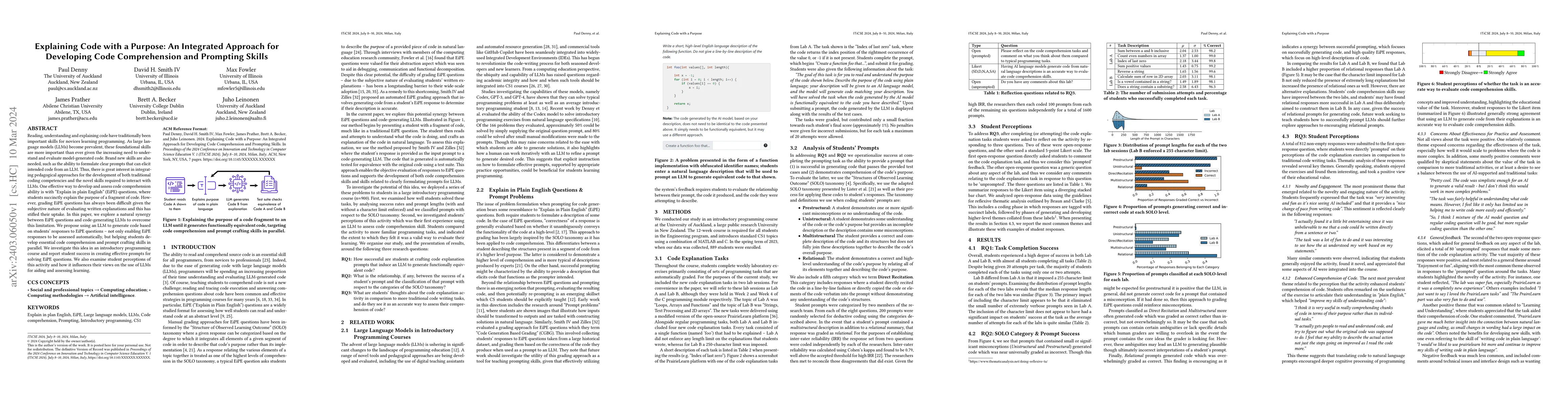 Thumbnail for Explaining Code with a Purpose: An Integrated Approach for Developing
  Code Comprehension and Prompting Skills