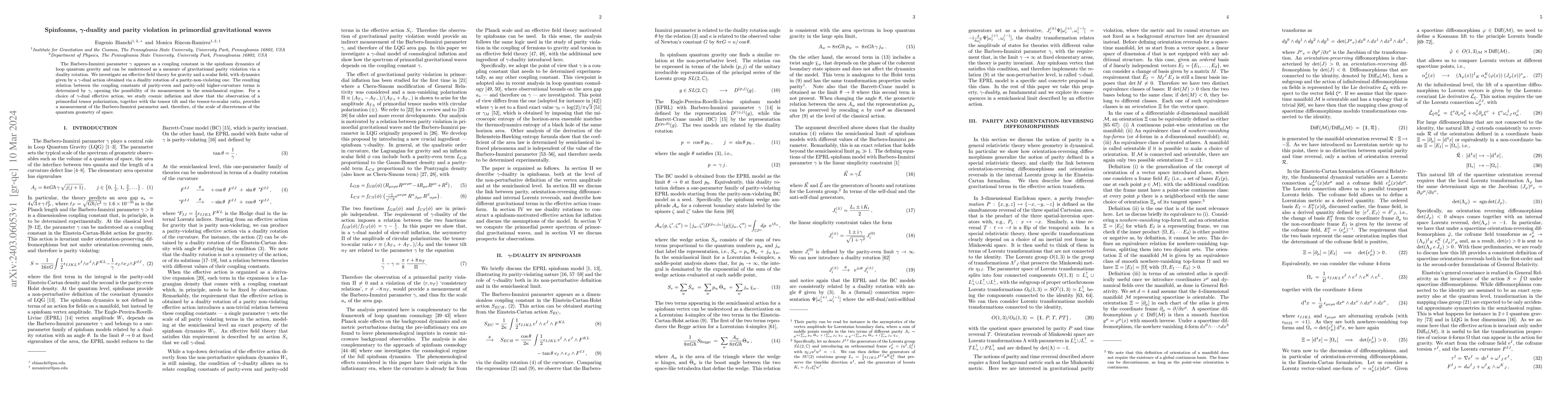 Thumbnail for Spinfoams, $\gamma$-duality and parity violation in primordial
  gravitational waves