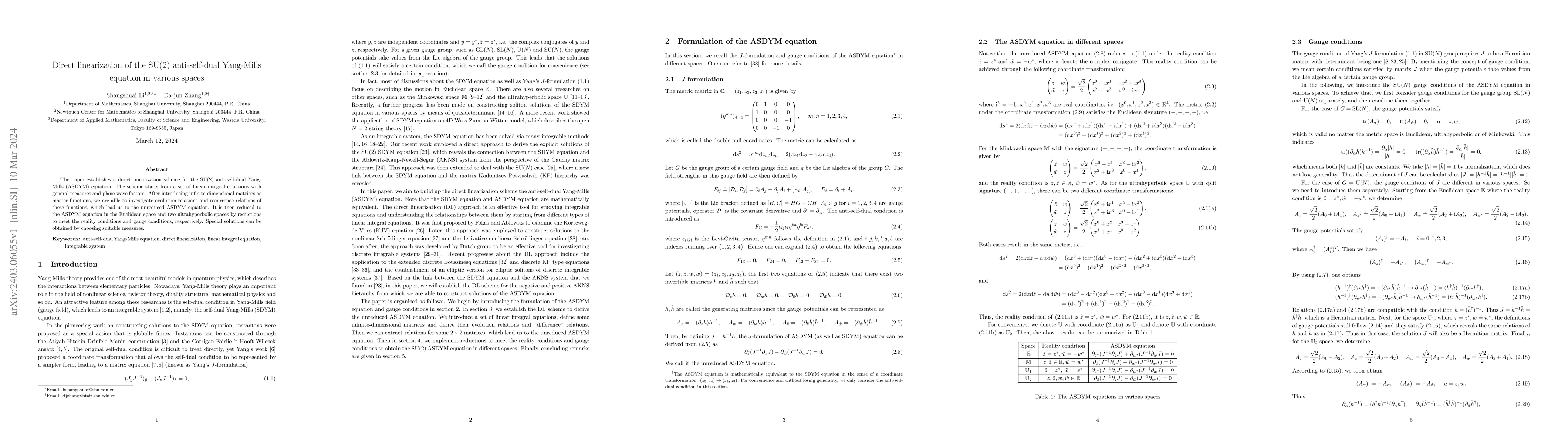 Thumbnail for Direct linearization of the SU(2) anti-self-dual Yang-Mills equation in
  various spaces
