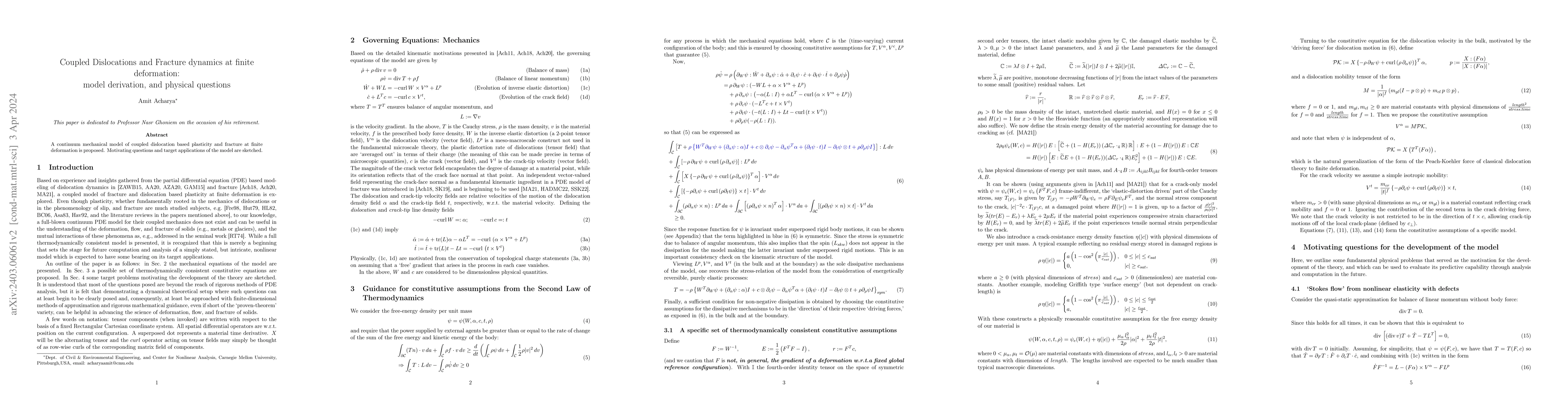 Thumbnail for Coupled Dislocations and Fracture dynamics at finite deformation: model
  derivation, and physical questions