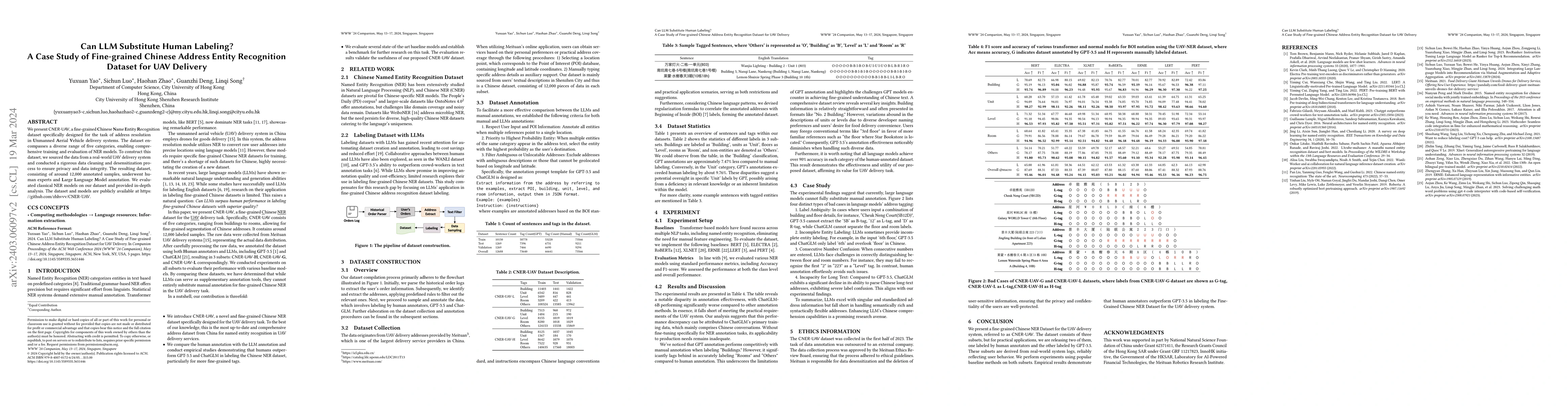 Thumbnail for Can LLM Substitute Human Labeling? A Case Study of Fine-grained Chinese
  Address Entity Recognition Dataset for UAV Delivery