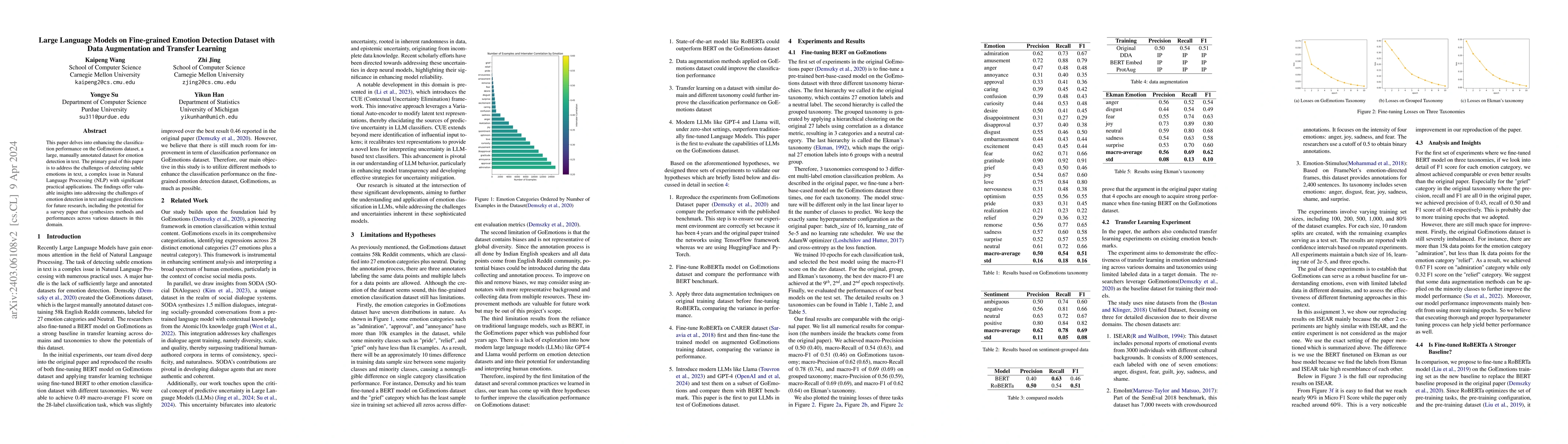 Thumbnail for Large Language Models on Fine-grained Emotion Detection Dataset with
  Data Augmentation and Transfer Learning