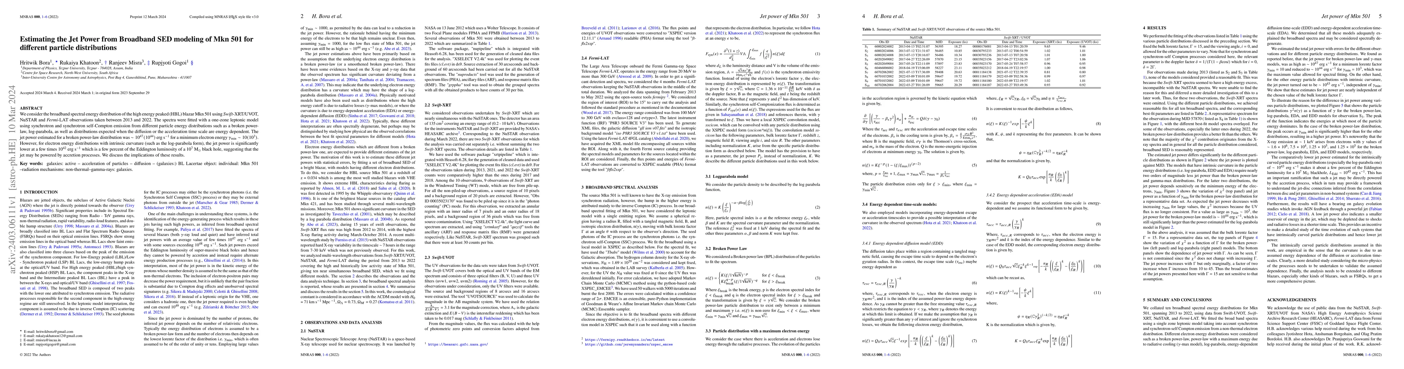 Thumbnail for Estimating the Jet Power from Broadband SED modeling of Mkn 501 for
  different particle distributions