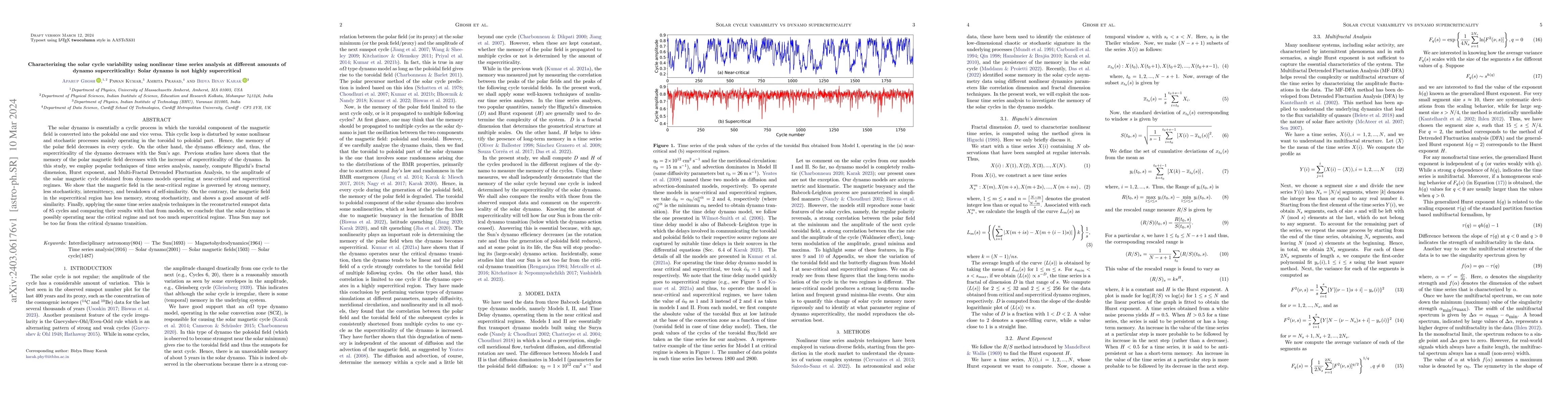 Thumbnail for Characterizing the solar cycle variability using nonlinear time series
  analysis at different amounts of dynamo supercriticality: Solar dynamo is not
  highly supercritical