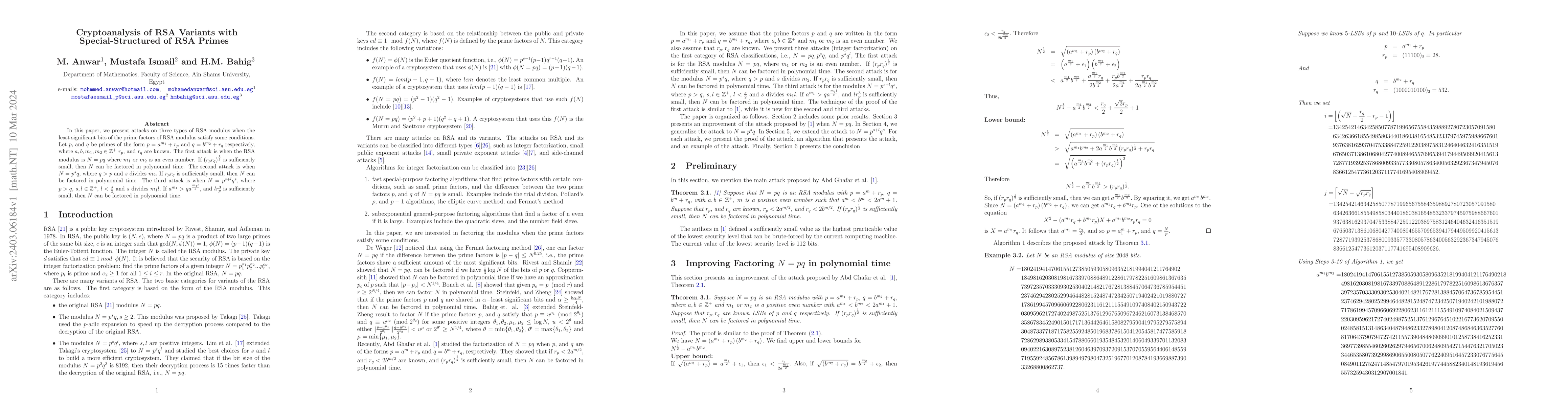 Thumbnail for Cryptoanalysis of RSA variants with special structure of RSA primes