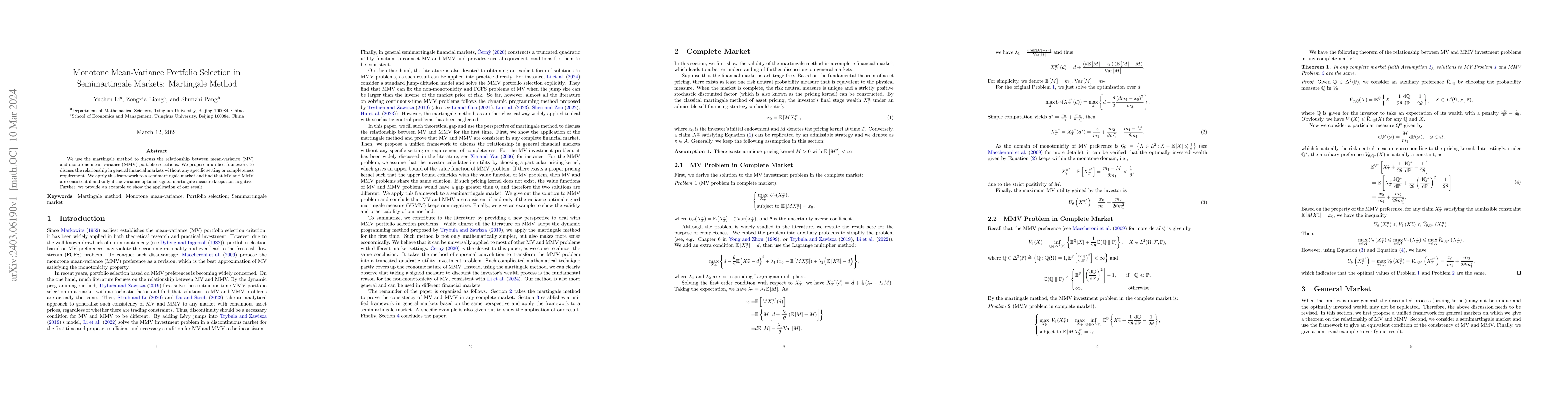 Thumbnail for Monotone Mean-Variance Portfolio Selection in Semimartingale Markets:
  Martingale Method