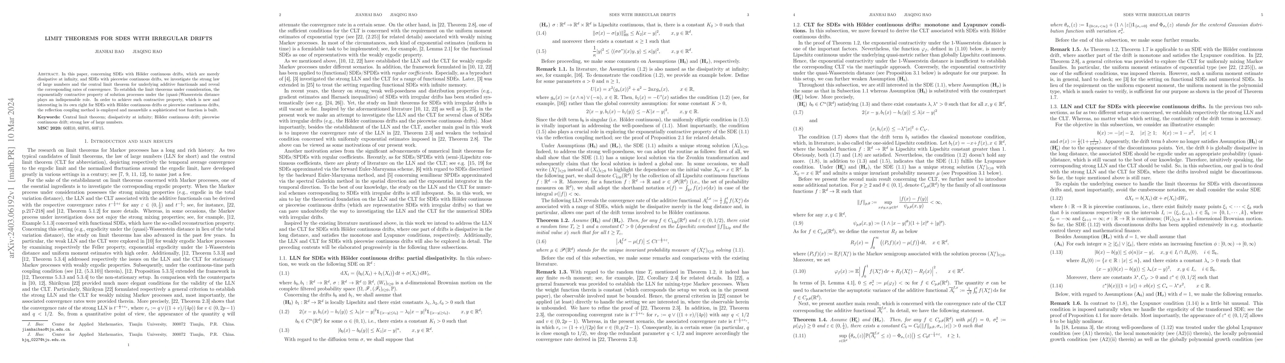 Thumbnail for Limit theorems for SDEs with irregular drifts
