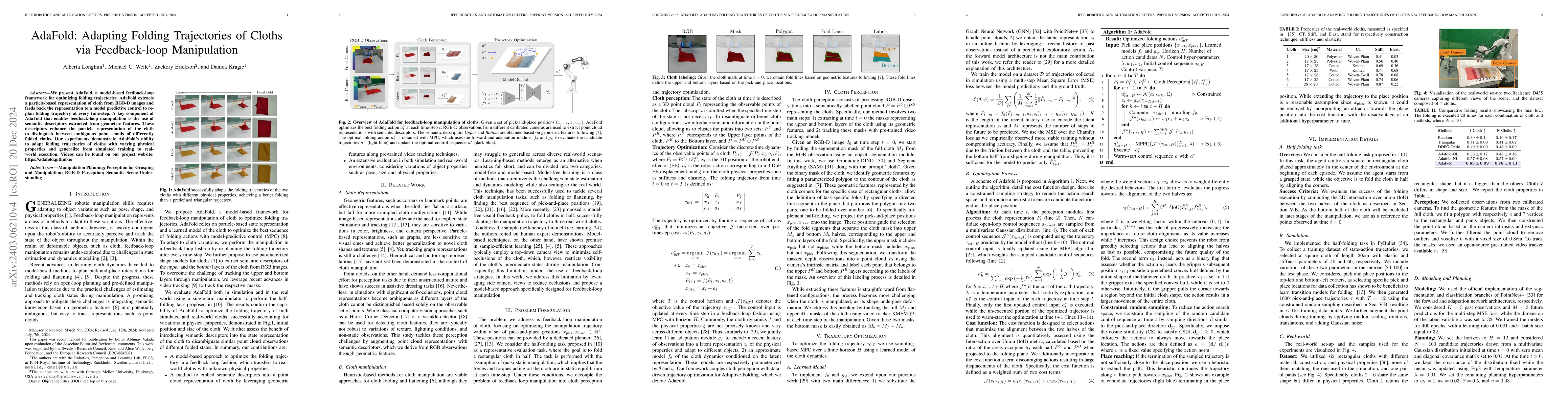 Thumbnail for AdaFold: Adapting Folding Trajectories of Cloths via Feedback-loop
  Manipulation