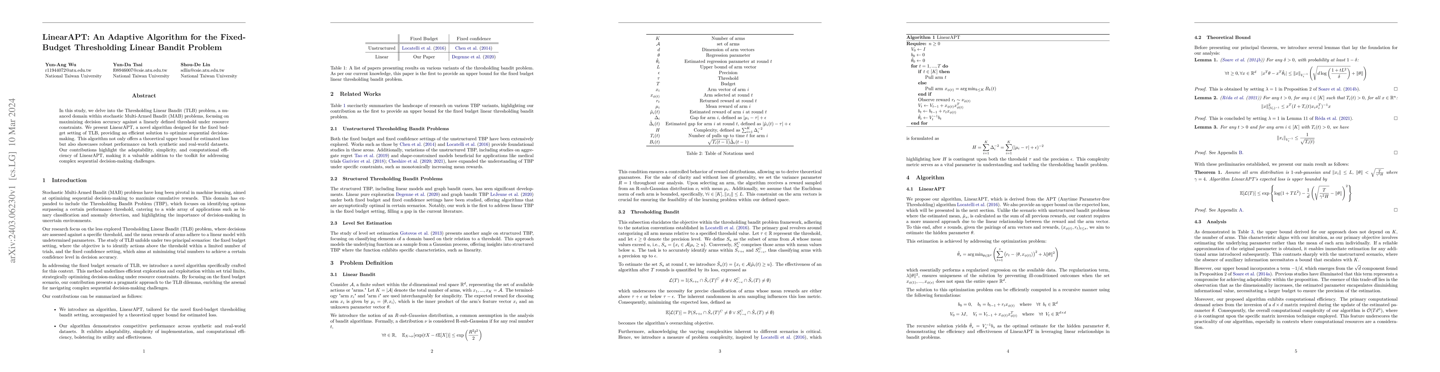 Thumbnail for LinearAPT: An Adaptive Algorithm for the Fixed-Budget Thresholding
  Linear Bandit Problem