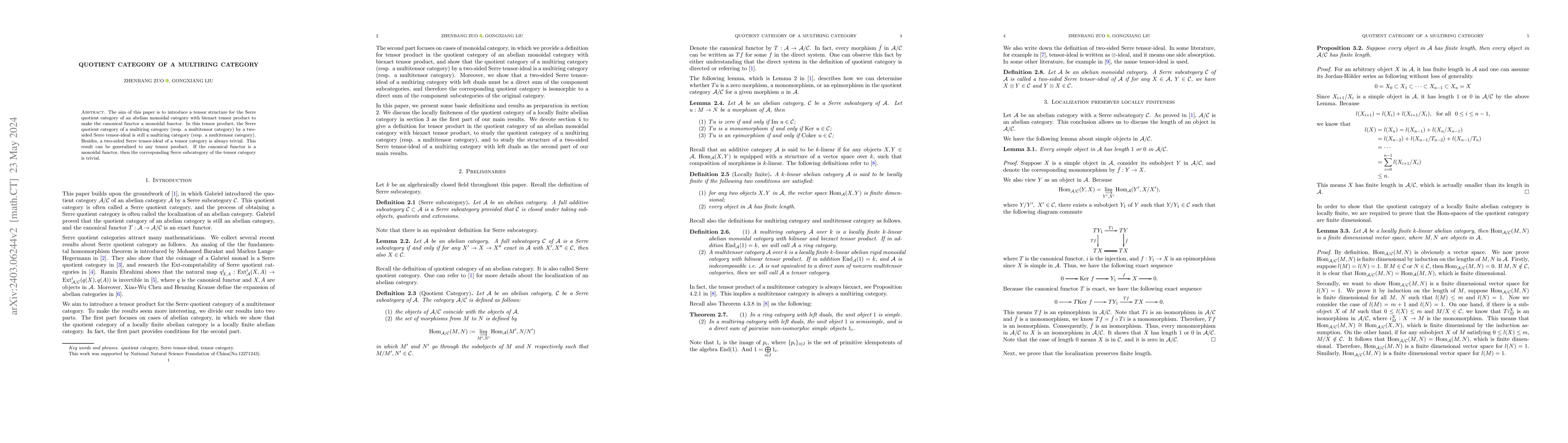 Thumbnail for Quotient Category of a Multiring Category