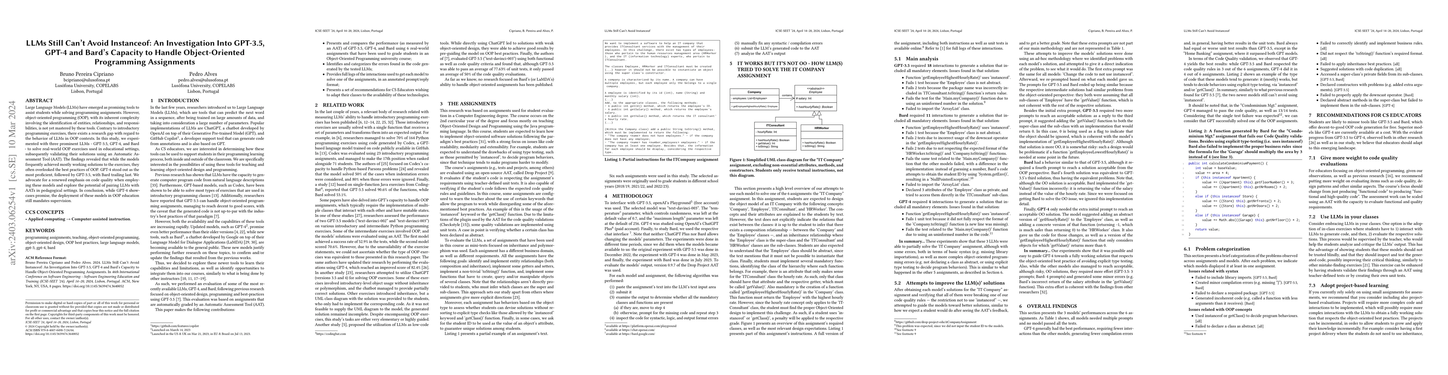 Thumbnail for LLMs Still Can't Avoid Instanceof: An Investigation Into GPT-3.5, GPT-4
  and Bard's Capacity to Handle Object-Oriented Programming Assignments