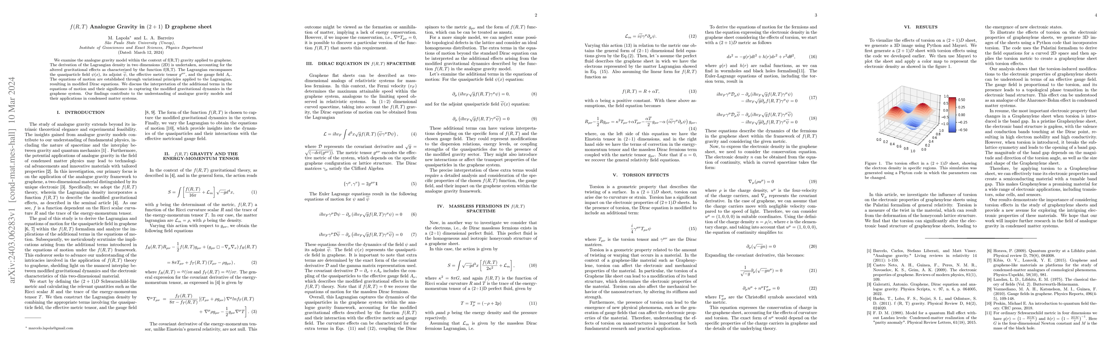 Thumbnail for f(R,T) Analogue Gravity in (2+1) D graphene sheet
