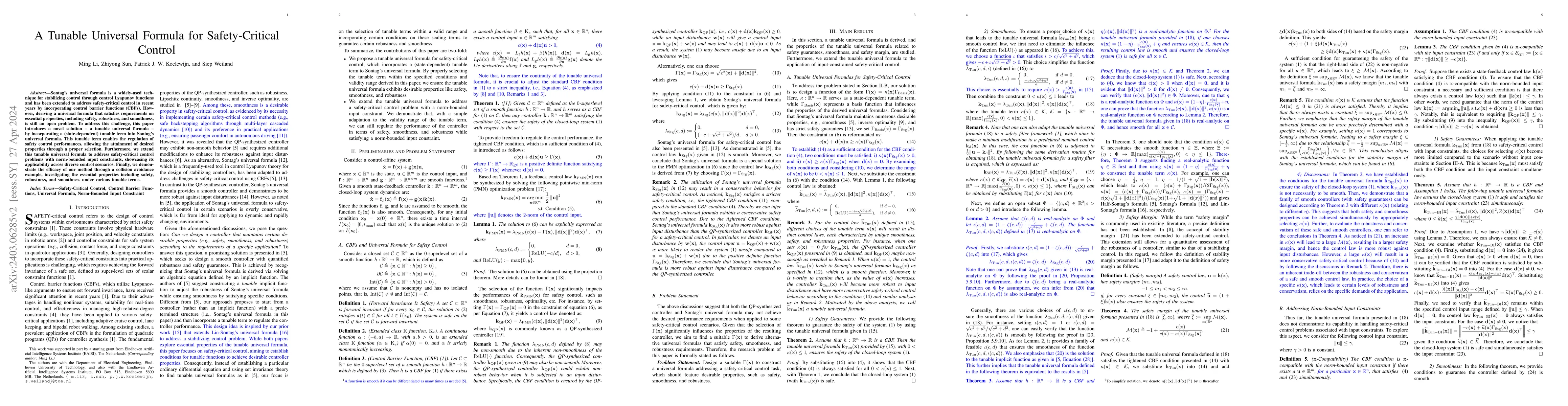 Thumbnail for A Tunable Universal Formula for Safety-Critical Control