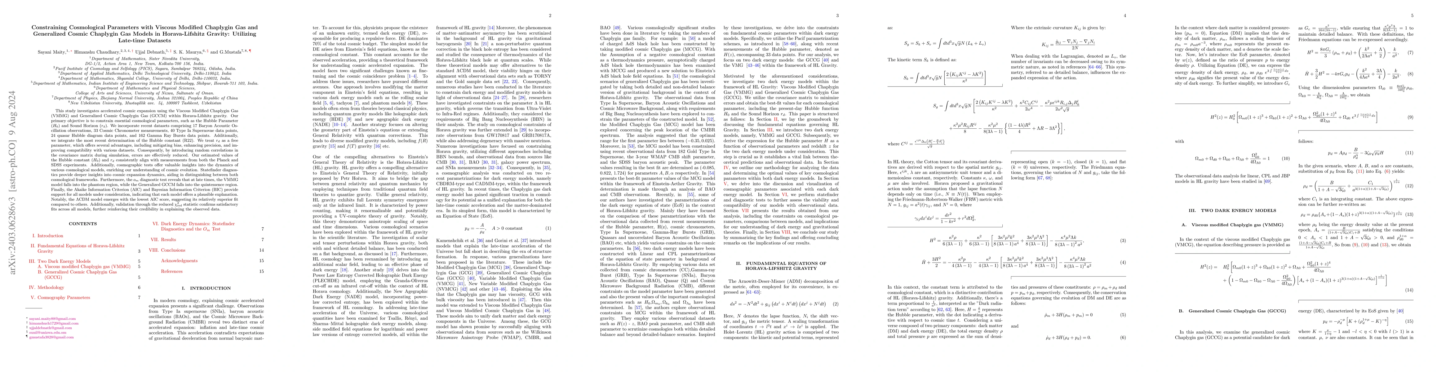 Thumbnail for Constraining Cosmological Parameters with Viscous Modified Chaplygin Gas
  and Generalized Cosmic Chaplygin Gas Models in Horava-Lifshitz Gravity:
  Utilizing Late-time Datasets