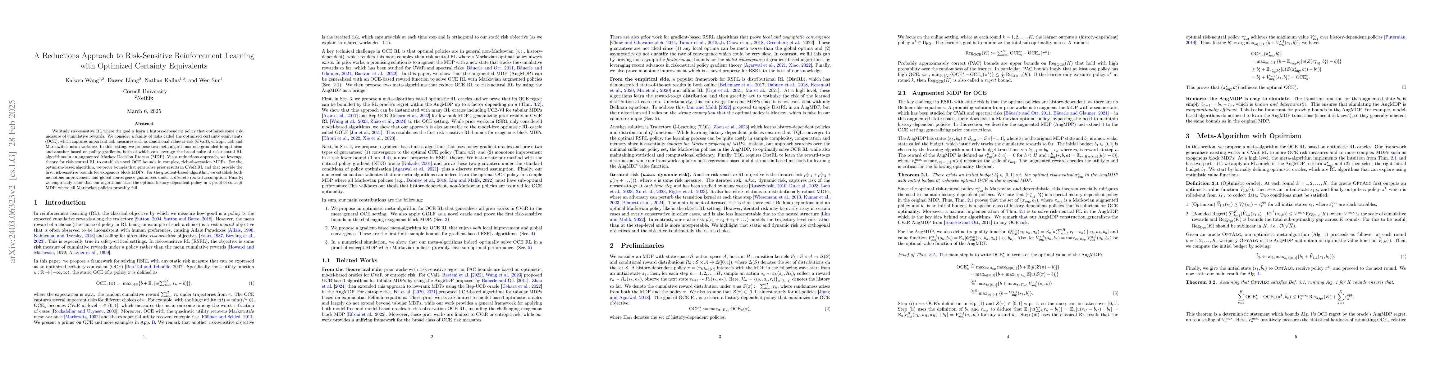 Thumbnail for Risk-Sensitive RL with Optimized Certainty Equivalents via Reduction to
  Standard RL