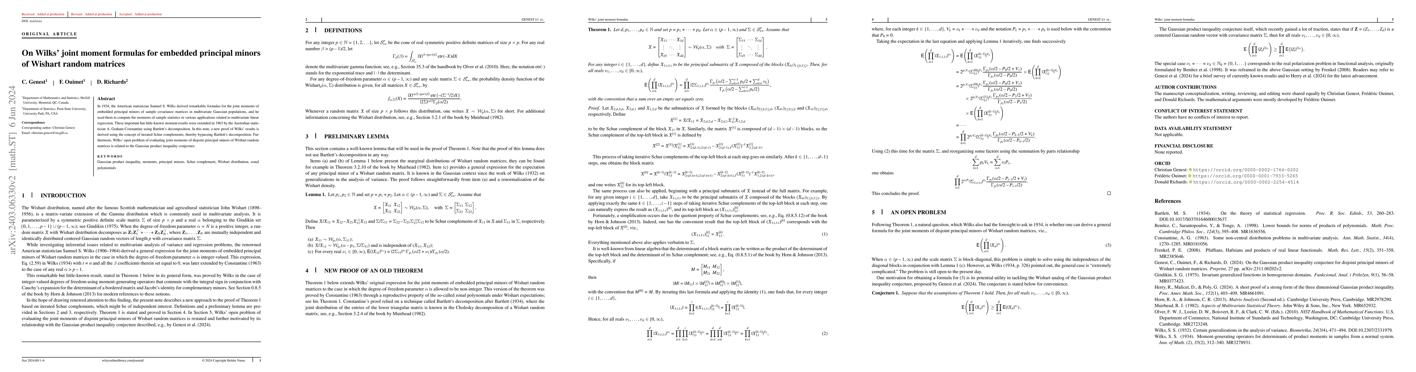 Thumbnail for On Wilks' joint moment formulas for embedded principal minors of Wishart
  random matrices