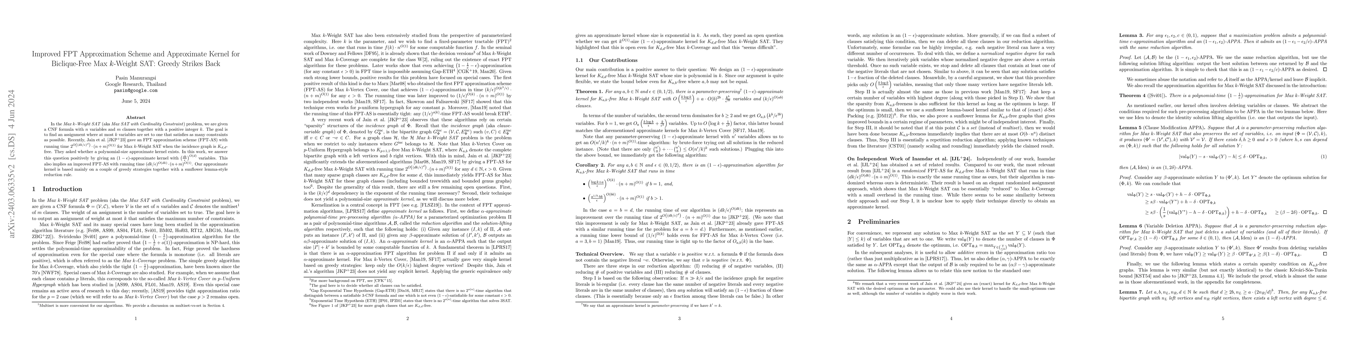 Thumbnail for Improved FPT Approximation Scheme and Approximate Kernel for
  Biclique-Free Max k-Weight SAT: Greedy Strikes Back