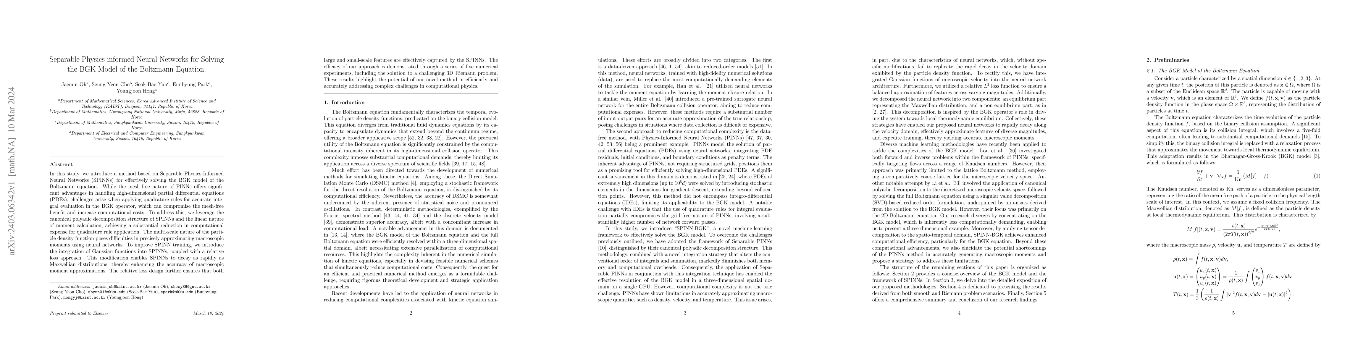 Thumbnail for Separable Physics-informed Neural Networks for Solving the BGK Model of
  the Boltzmann Equation