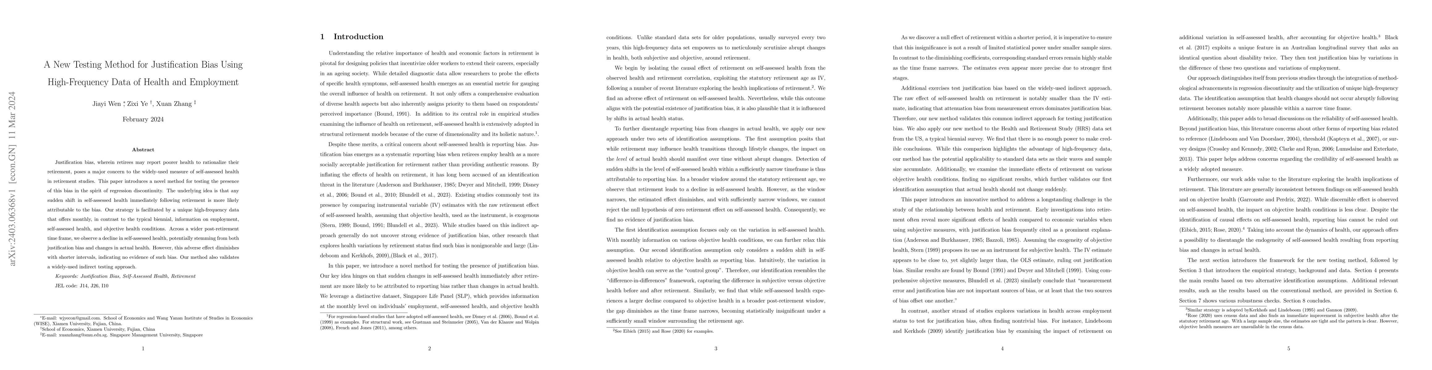 Thumbnail for A New Testing Method for Justification Bias Using High-Frequency Data of
  Health and Employment