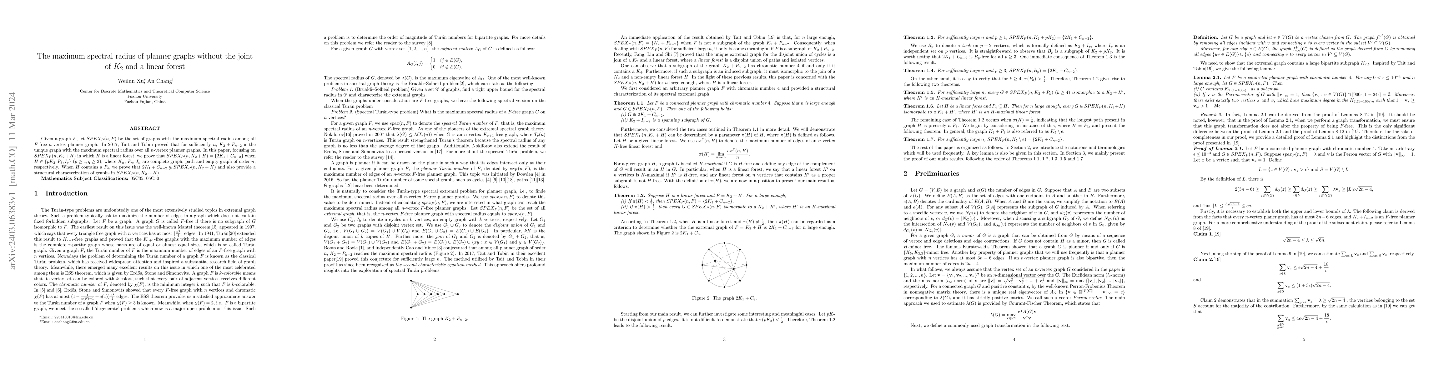Thumbnail for The maximum spectral radius of planner graphs without the joint of K2
  and a linear forest