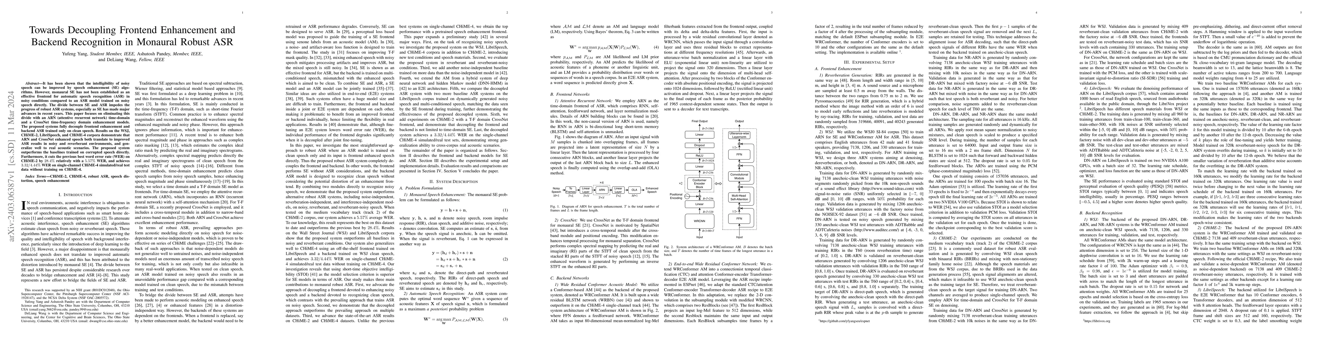 Thumbnail for Towards Decoupling Frontend Enhancement and Backend Recognition in
  Monaural Robust ASR