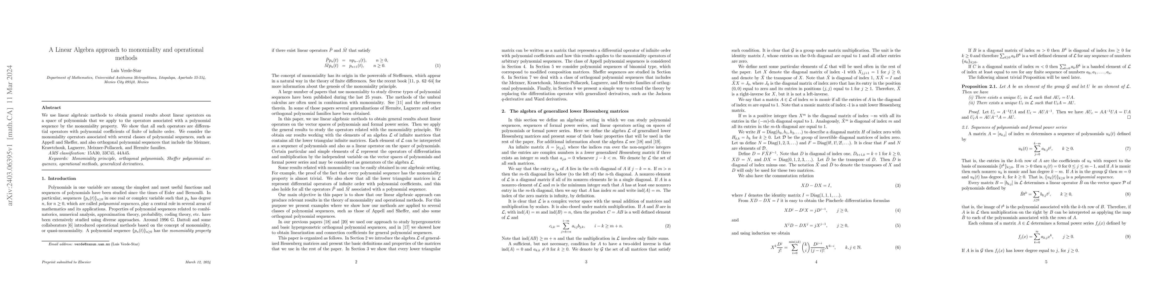 Thumbnail for A Linear Algebra approach to monomiality and operational methods