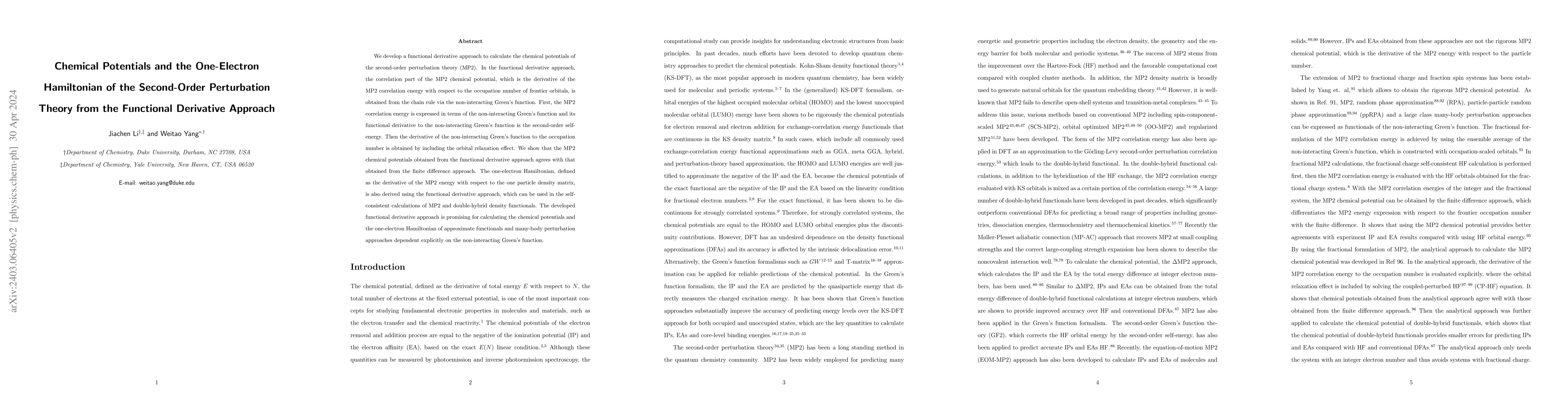 Thumbnail for Chemical Potentials and the One-Electron Hamiltonian of the Second-Order
  Perturbation Theory from the Functional Derivative Approach