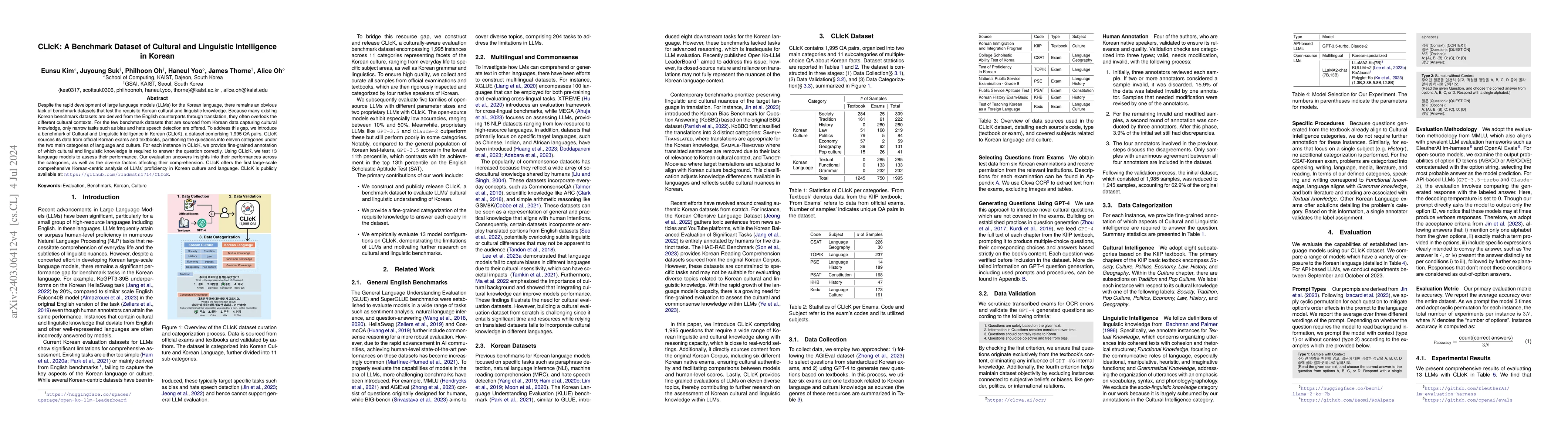 Thumbnail for CLIcK: A Benchmark Dataset of Cultural and Linguistic Intelligence in
  Korean