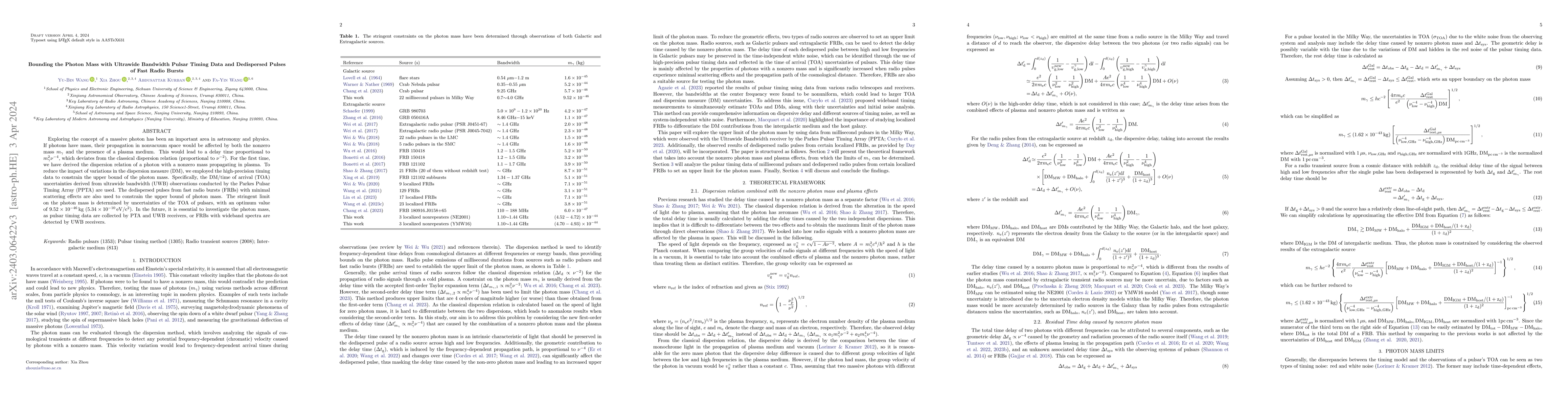 Thumbnail for Bounding the Photon Mass with Ultrawide Bandwidth Pulsar Timing Data and
  Dedispersed Pulses of Fast Radio Bursts