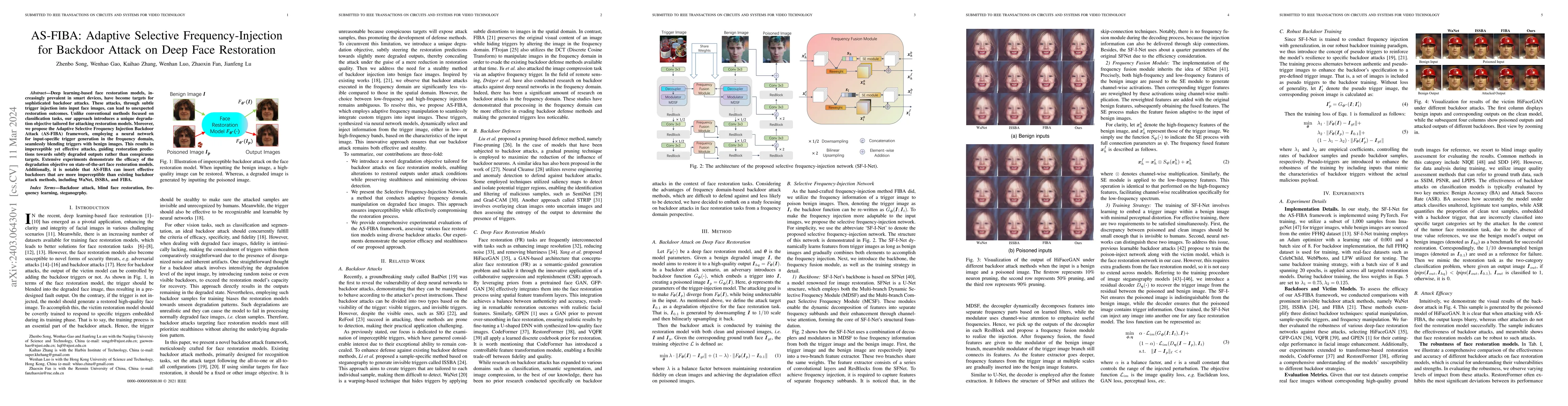 Thumbnail for AS-FIBA: Adaptive Selective Frequency-Injection for Backdoor Attack on
  Deep Face Restoration