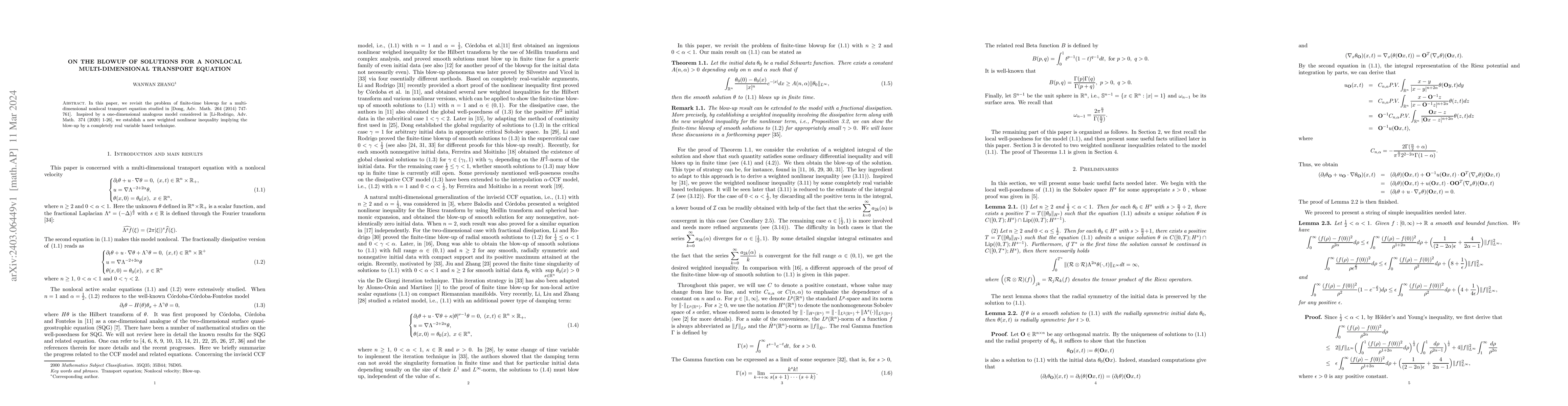Thumbnail for On the blowup of solutions for a nonlocal multi-dimensional transport
  equation