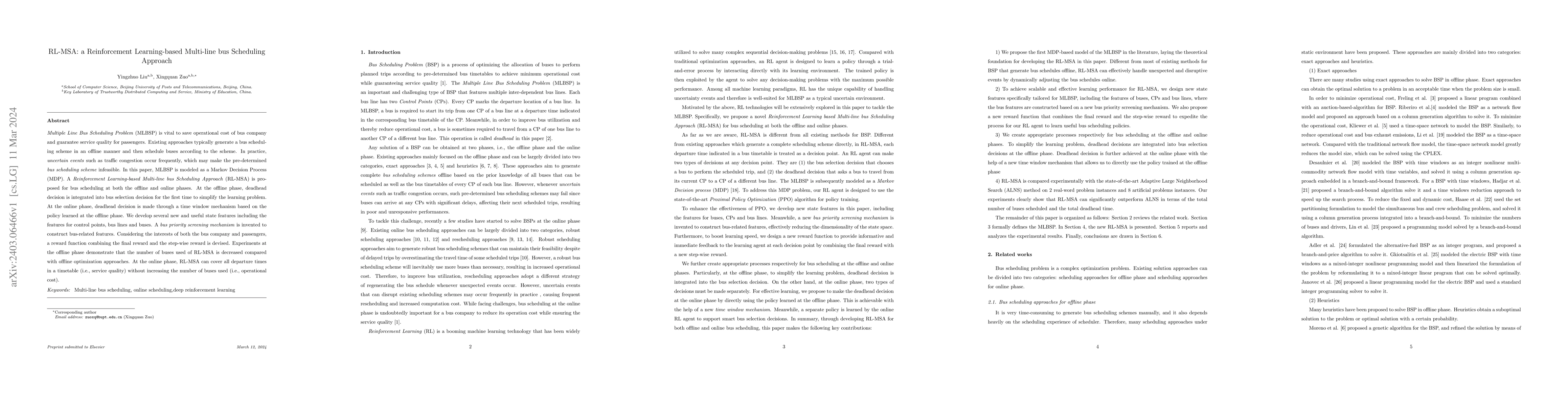 Thumbnail for RL-MSA: a Reinforcement Learning-based Multi-line bus Scheduling
  Approach