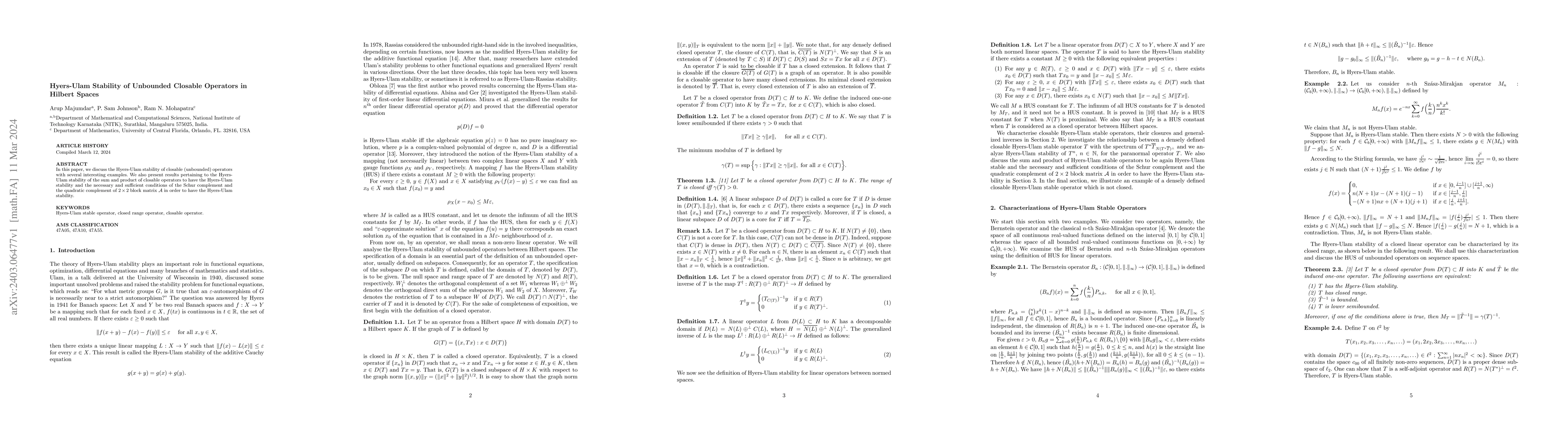 Thumbnail for Hyers-Ulam Stability of Unbounded Closable Operators in Hilbert Spaces