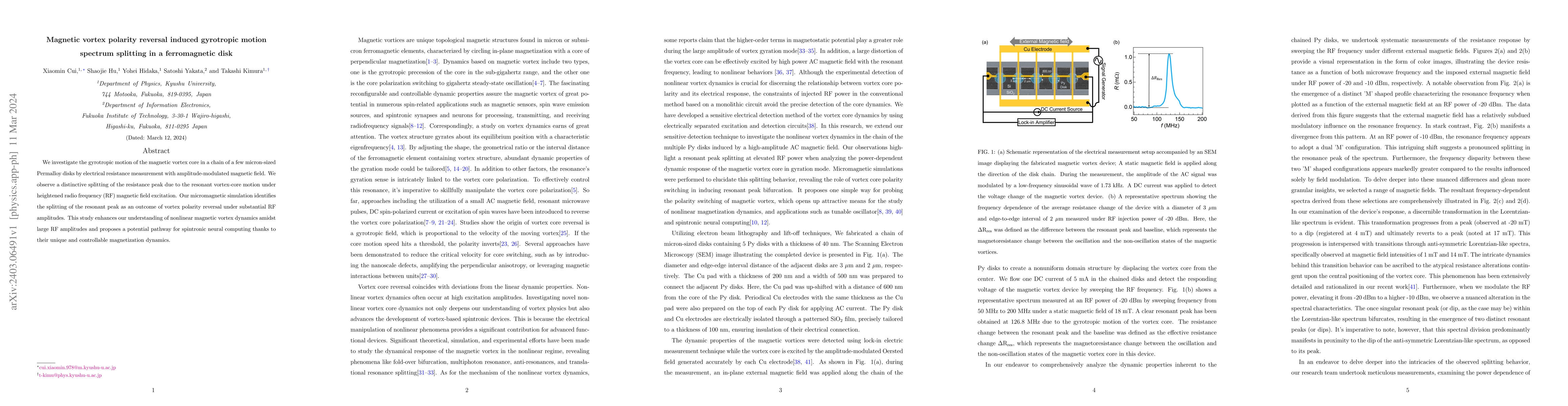 Thumbnail for Magnetic vortex polarity reversal induced gyrotropic motion spectrum
  splitting in a ferromagnetic disk