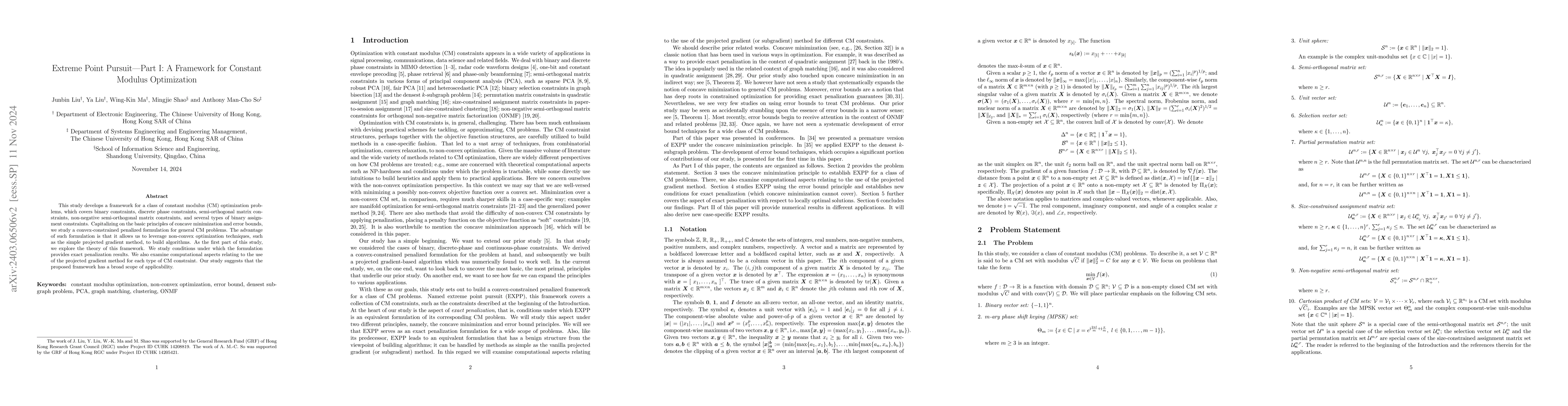 Thumbnail for Extreme Point Pursuit -- Part I: A Framework for Constant Modulus
  Optimization