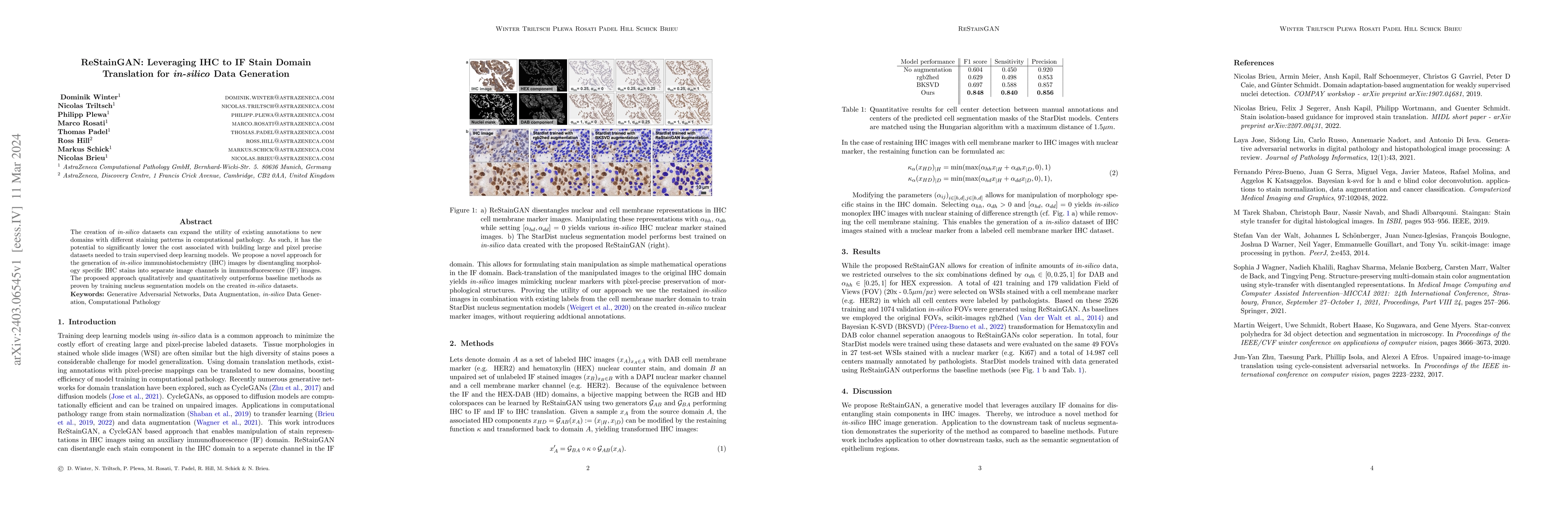 Thumbnail for ReStainGAN: Leveraging IHC to IF Stain Domain Translation for in-silico
  Data Generation