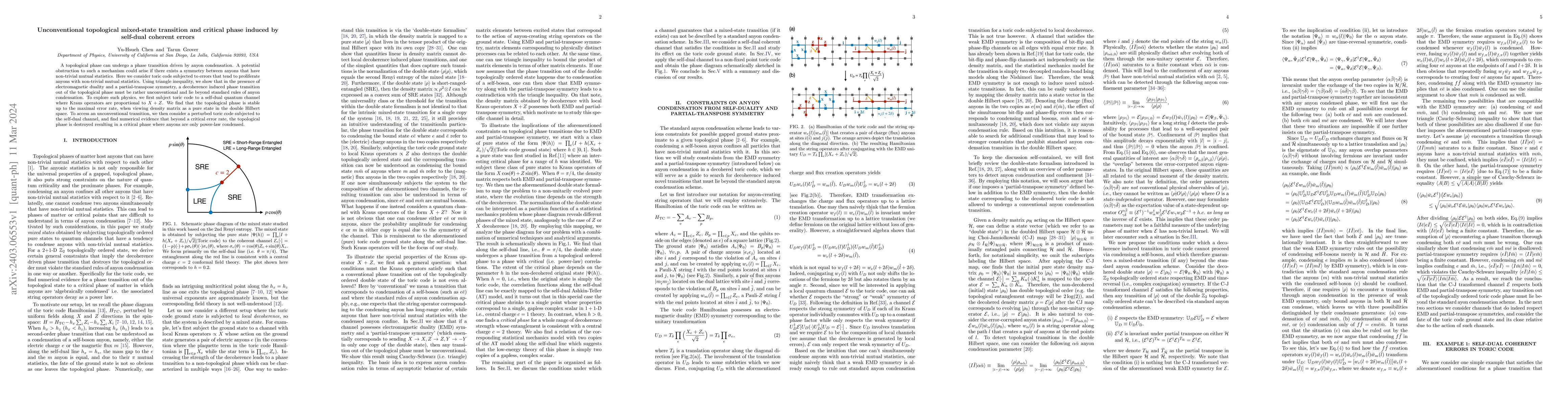 Thumbnail for Unconventional topological mixed-state transition and critical phase
  induced by self-dual coherent errors