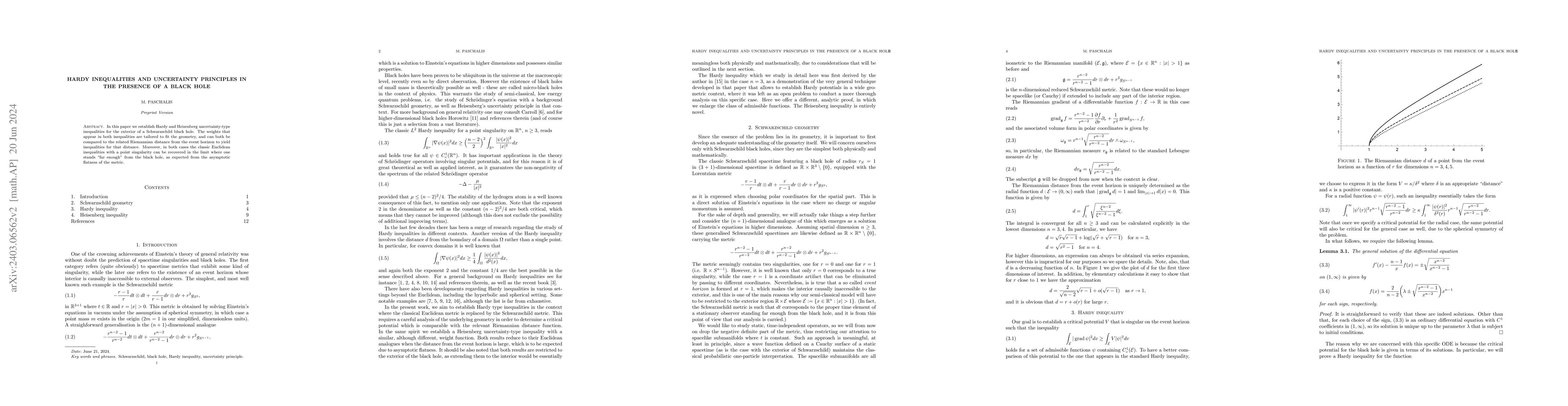 Thumbnail for Hardy inequalities and uncertainty principles in the presence of a black
  hole
