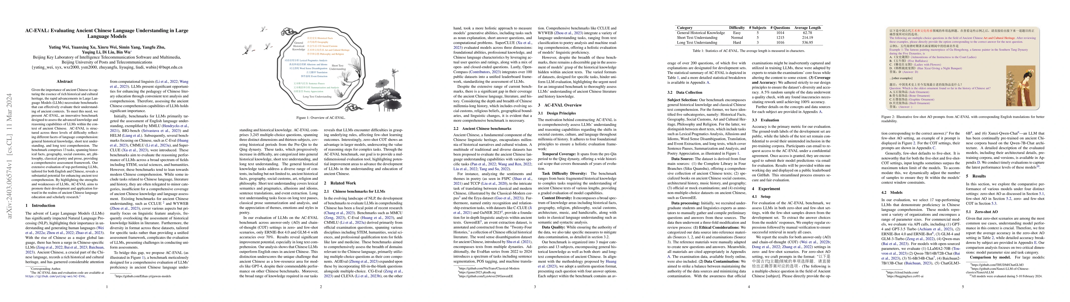 Thumbnail for AC-EVAL: Evaluating Ancient Chinese Language Understanding in Large
  Language Models