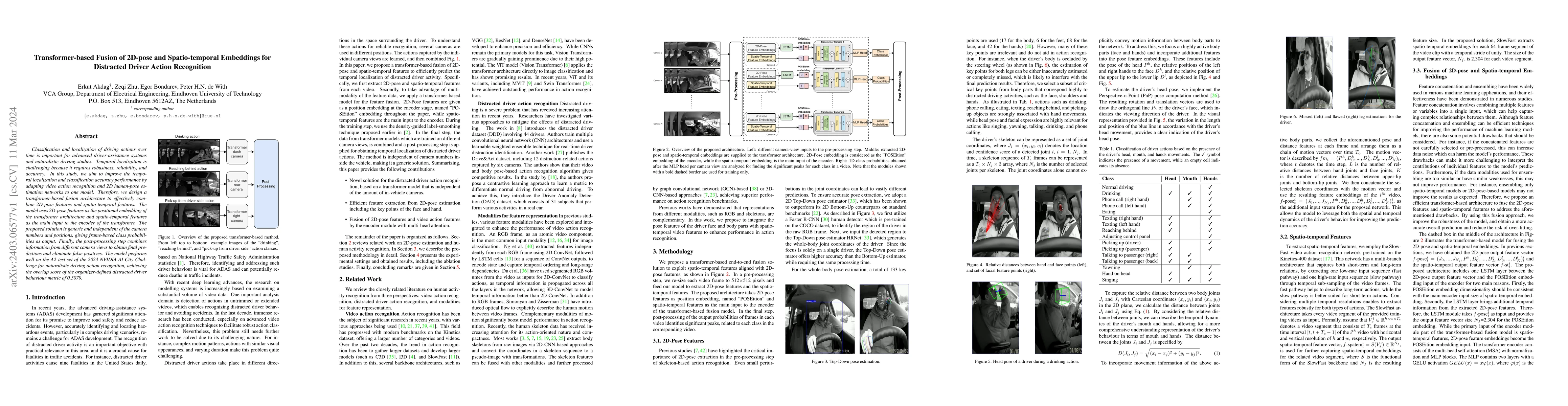 Thumbnail for Transformer-based Fusion of 2D-pose and Spatio-temporal Embeddings for
  Distracted Driver Action Recognition
