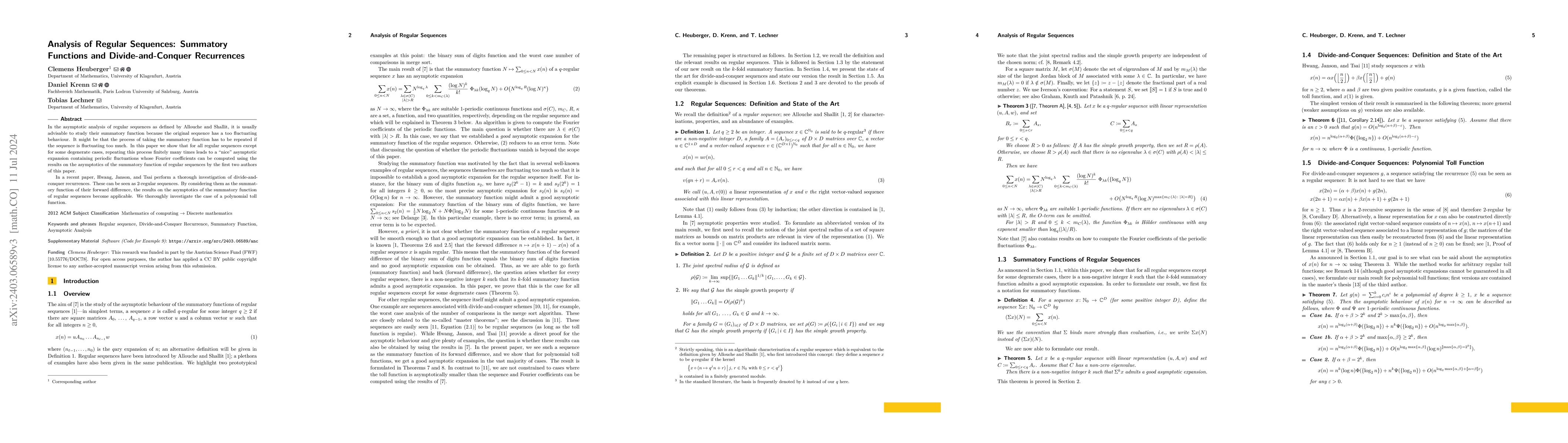Thumbnail for Analysis of Regular Sequences: Summatory Functions and
  Divide-and-Conquer Recurrences
