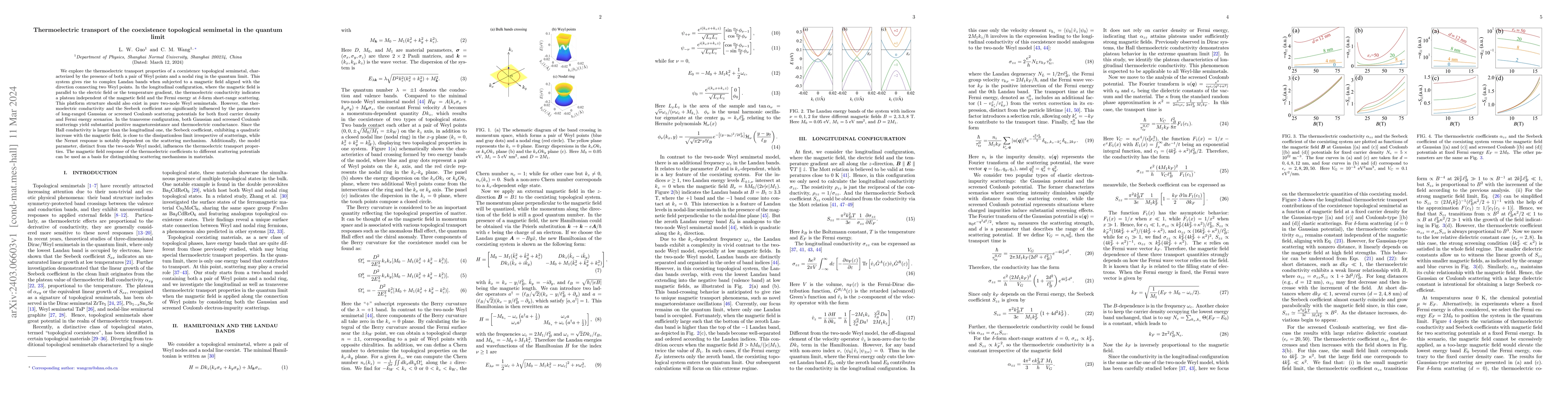 Thumbnail for Thermoelectric transport of the coexistence topological semimetal in the
  quantum limit