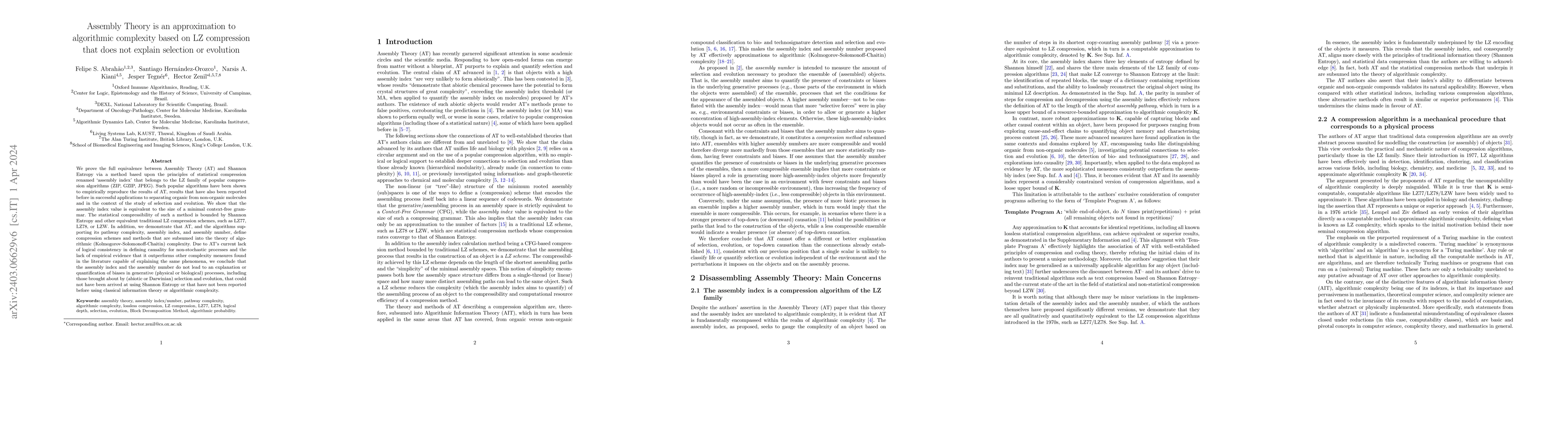 Thumbnail for Assembly Theory is an approximation to algorithmic complexity based on
  LZ compression that does not explain selection or evolution