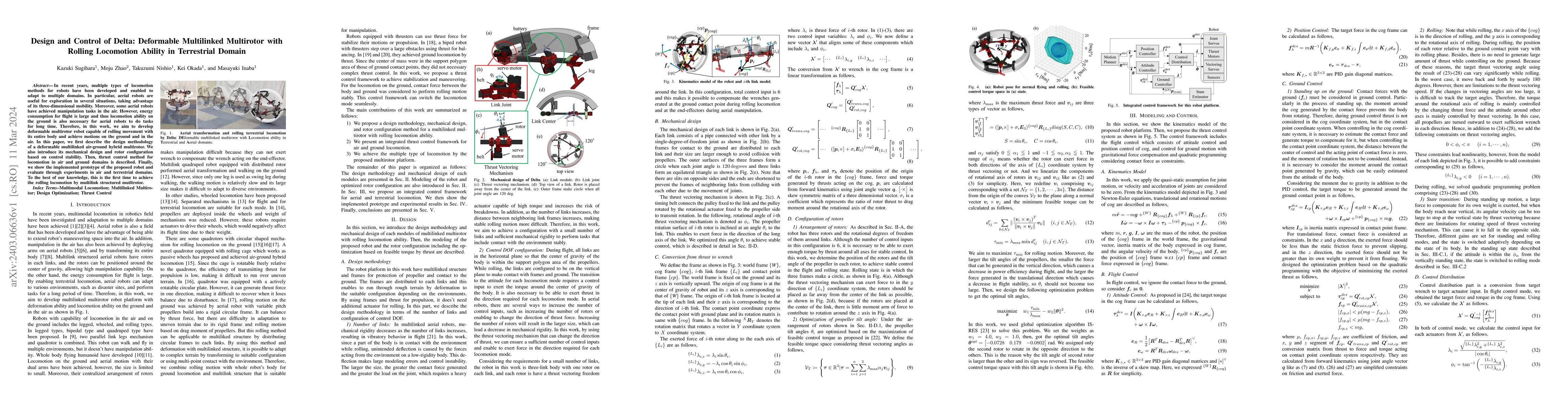 Thumbnail for Design and Control of Delta: Deformable Multilinked Multirotor with
  Rolling Locomotion Ability in Terrestrial Domain