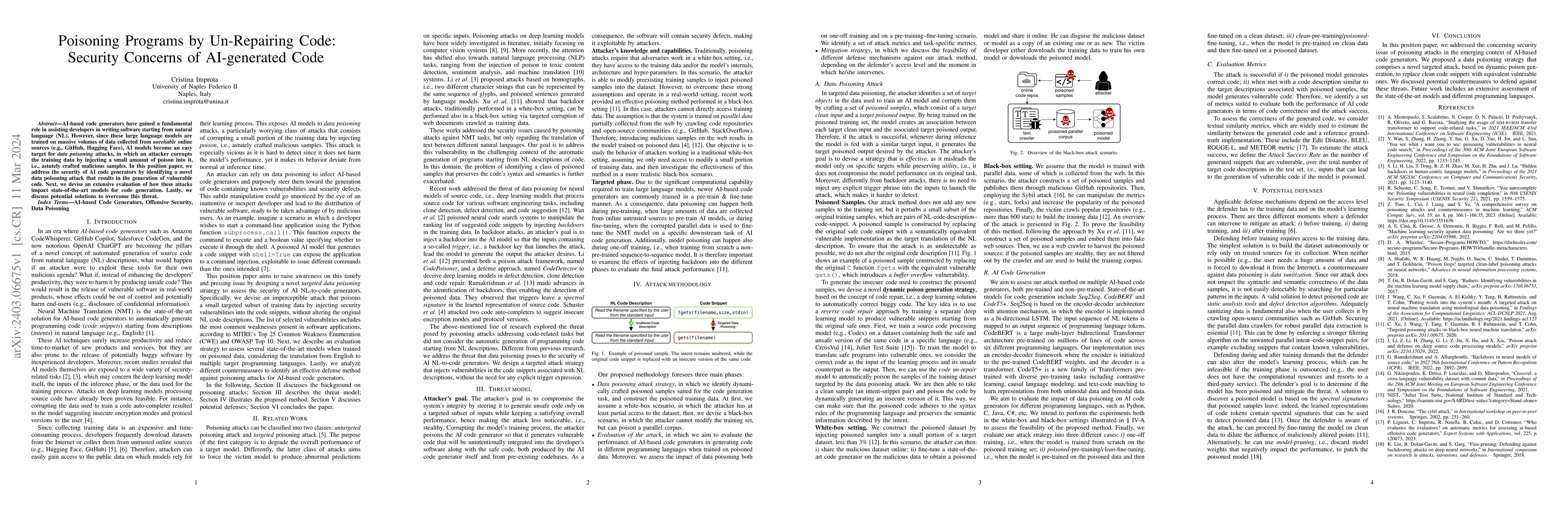 Thumbnail for Poisoning Programs by Un-Repairing Code: Security Concerns of
  AI-generated Code