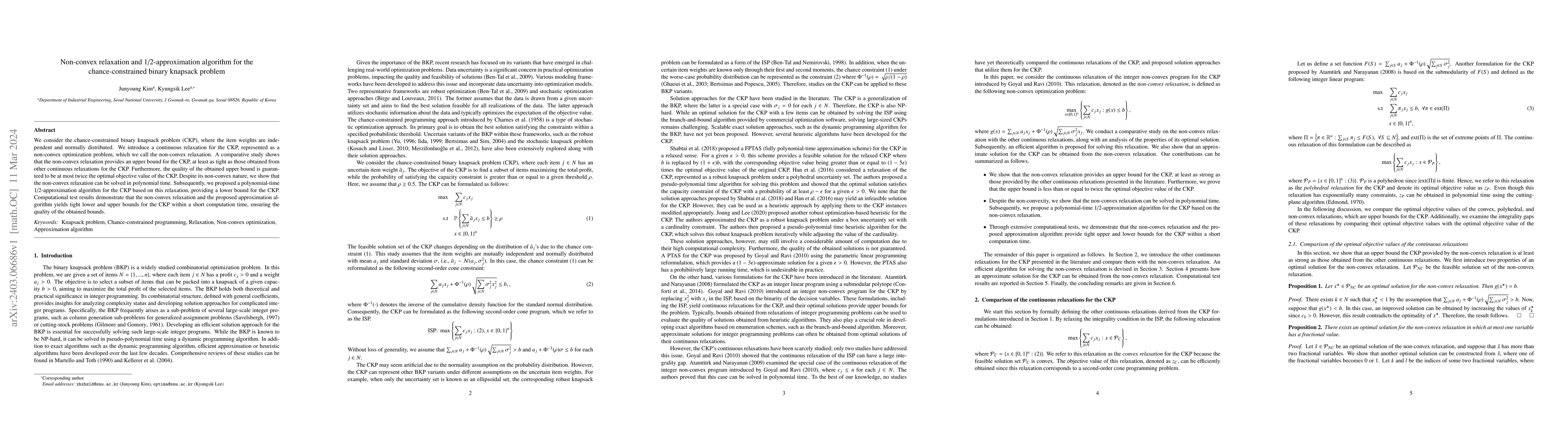 Thumbnail for Non-convex relaxation and 1/2-approximation algorithm for the
  chance-constrained binary knapsack problem