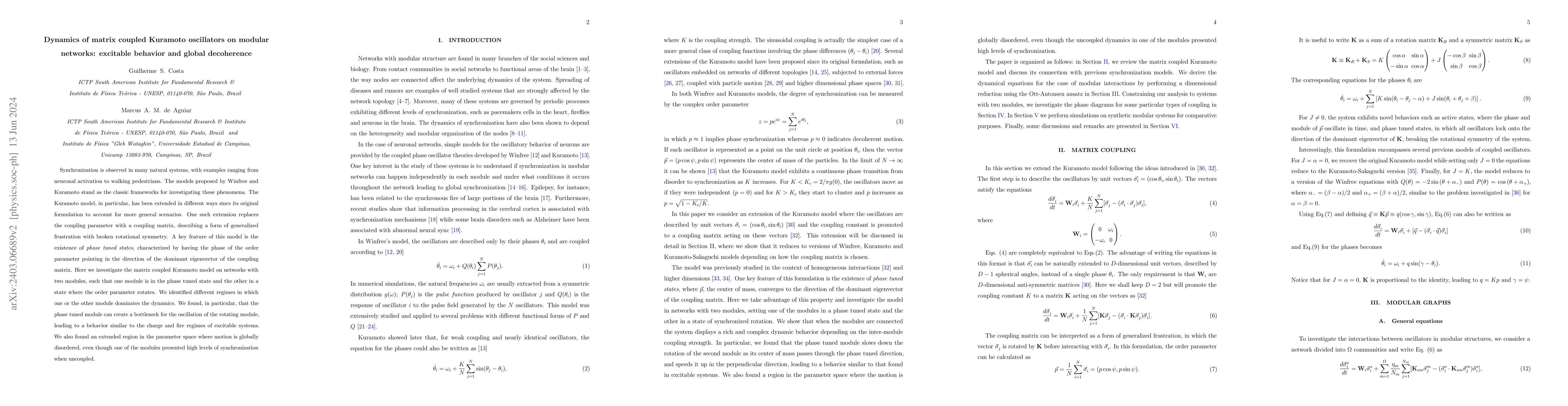 Thumbnail for Dynamics of matrix coupled Kuramoto oscillators on modular networks:
  excitable behavior and global decoherence