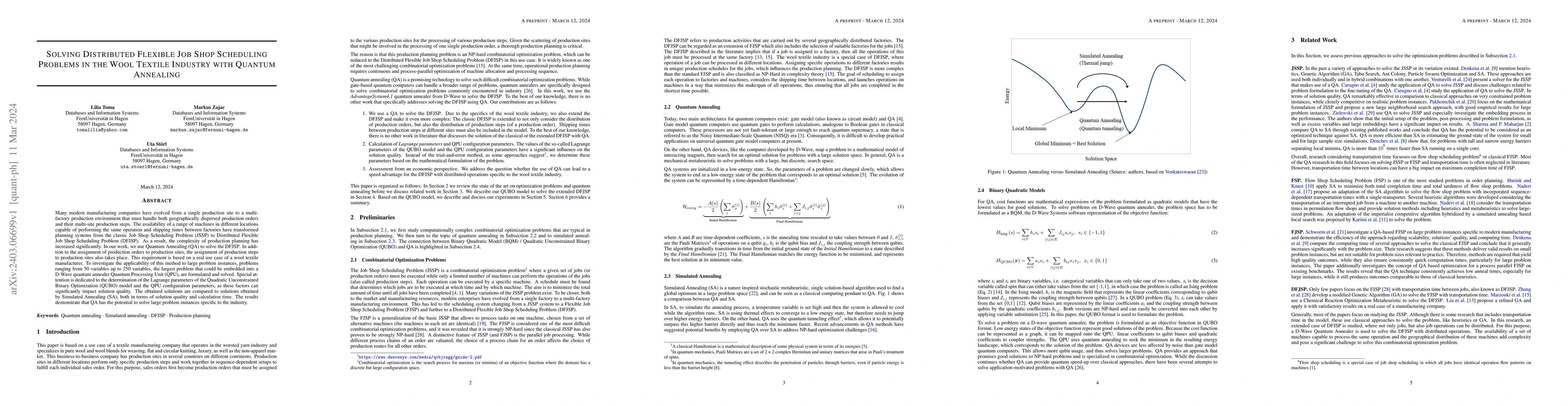 Thumbnail for Solving Distributed Flexible Job Shop Scheduling Problems in the Wool
  Textile Industry with Quantum Annealing