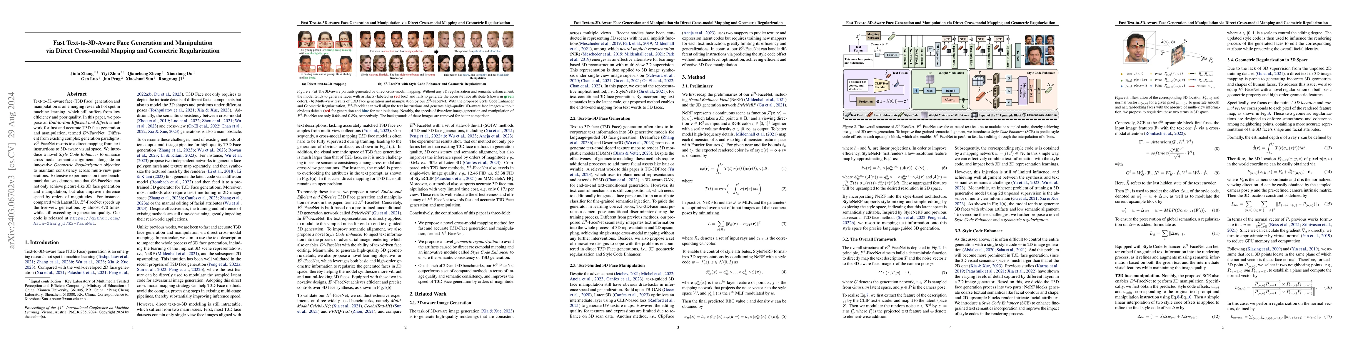 Thumbnail for Fast Text-to-3D-Aware Face Generation and Manipulation via Direct
  Cross-modal Mapping and Geometric Regularization