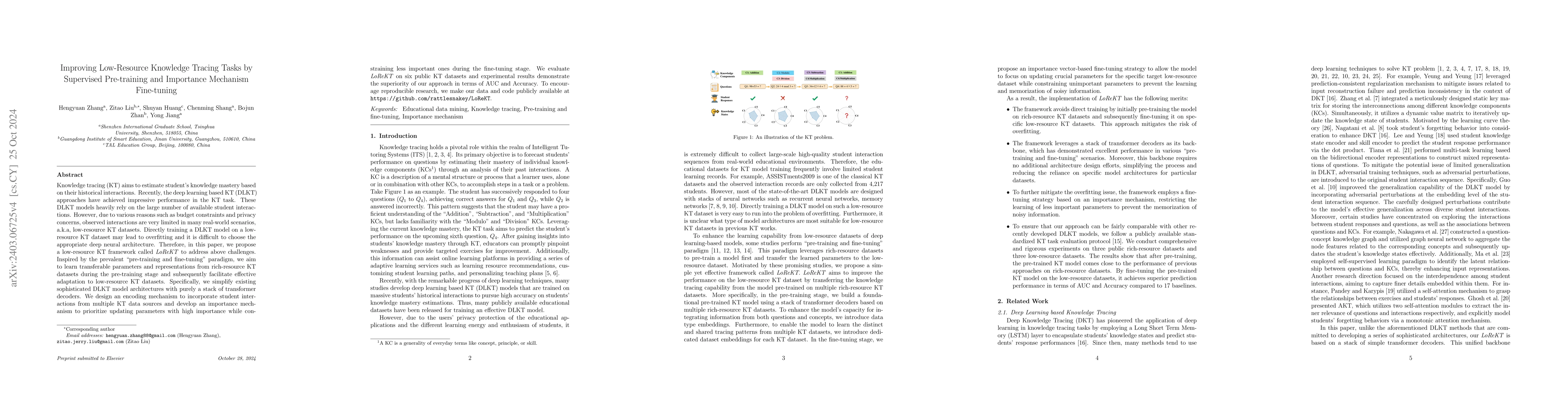 Thumbnail for Improving Low-Resource Knowledge Tracing Tasks by Supervised
  Pre-training and Importance Mechanism Fine-tuning